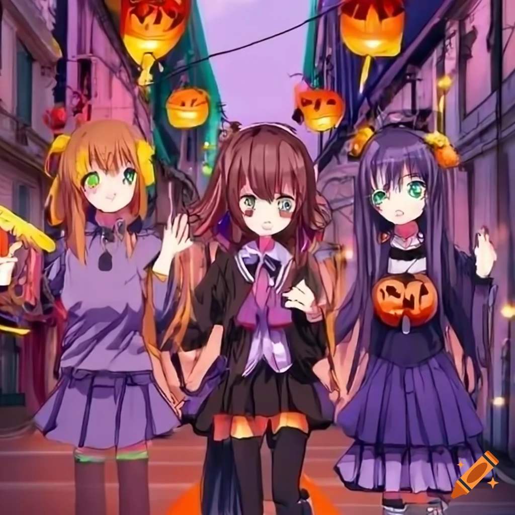 Anime girls celebrating halloween in a crowded shopping street on Craiyon