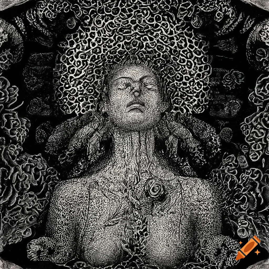 Intricate artwork of a woman floating underwater