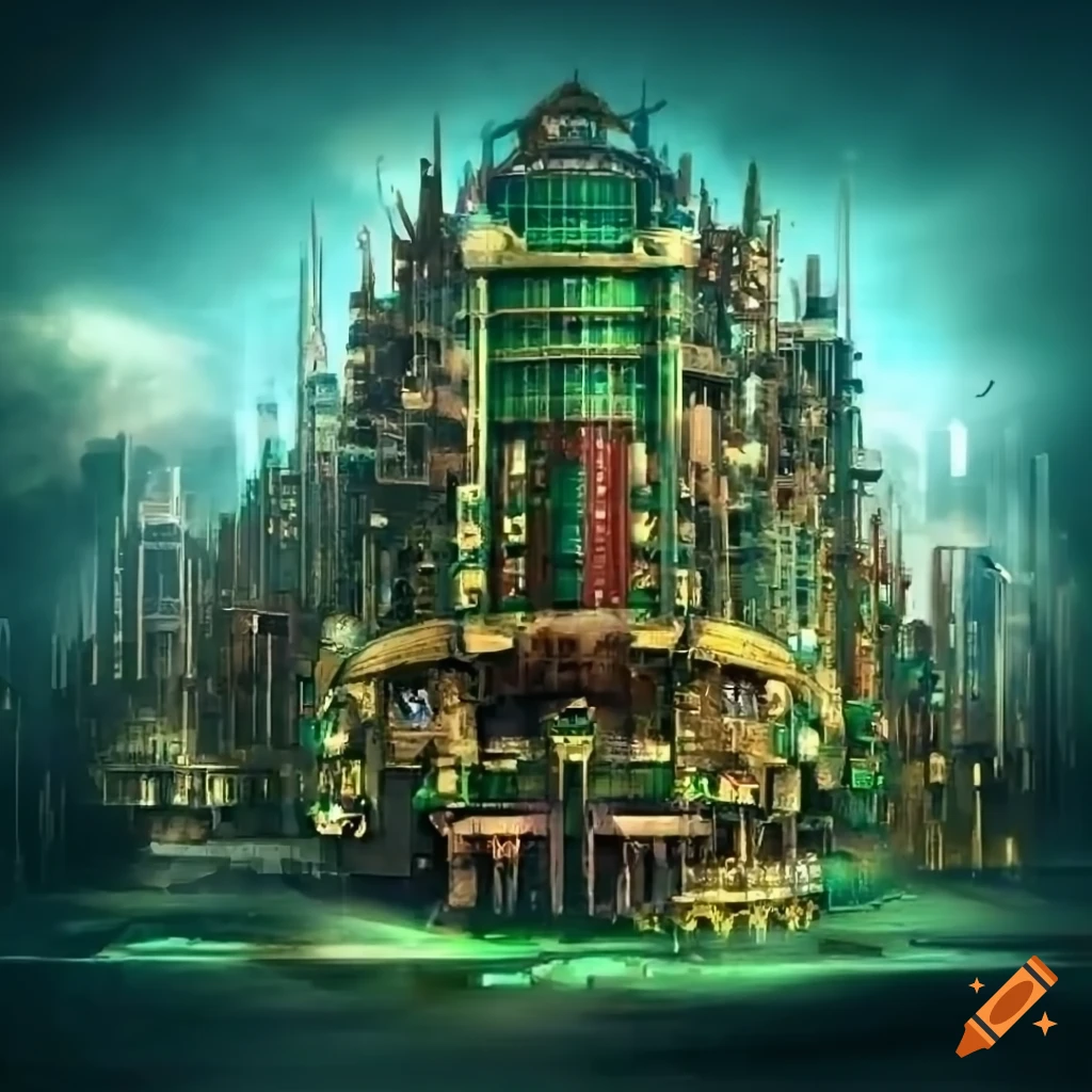 Steampunk renaissance style cityscape with green, red, and golden ...