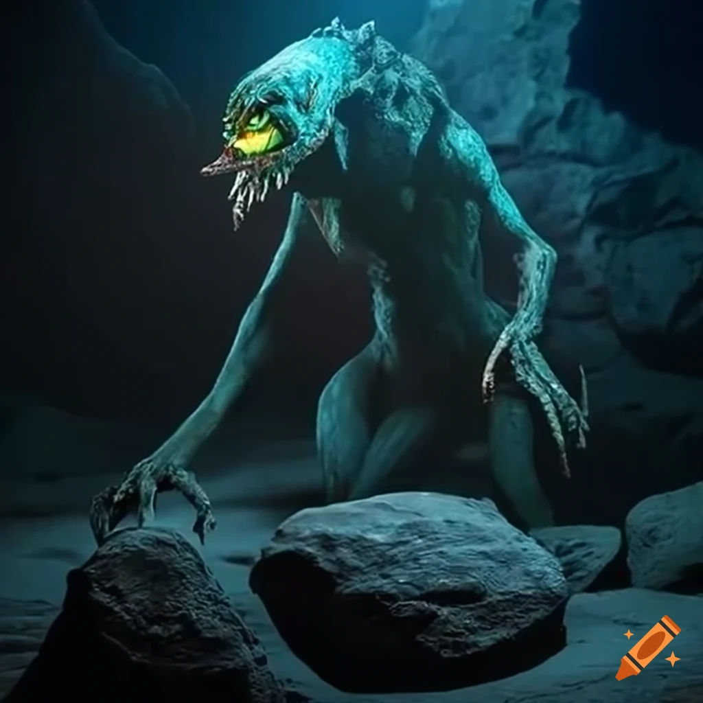 fantasy art of a sinister cave creature with glowing eyes