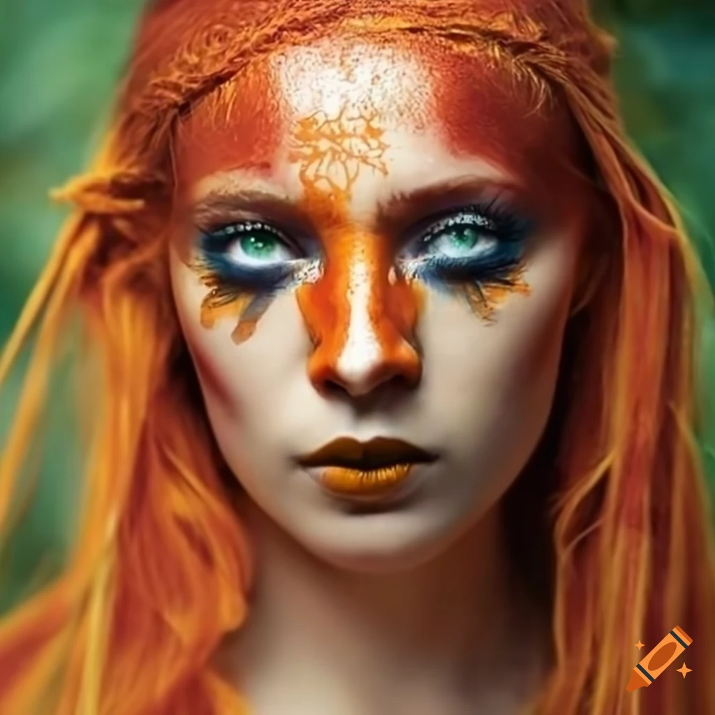 Woman with druid-inspired orange makeup