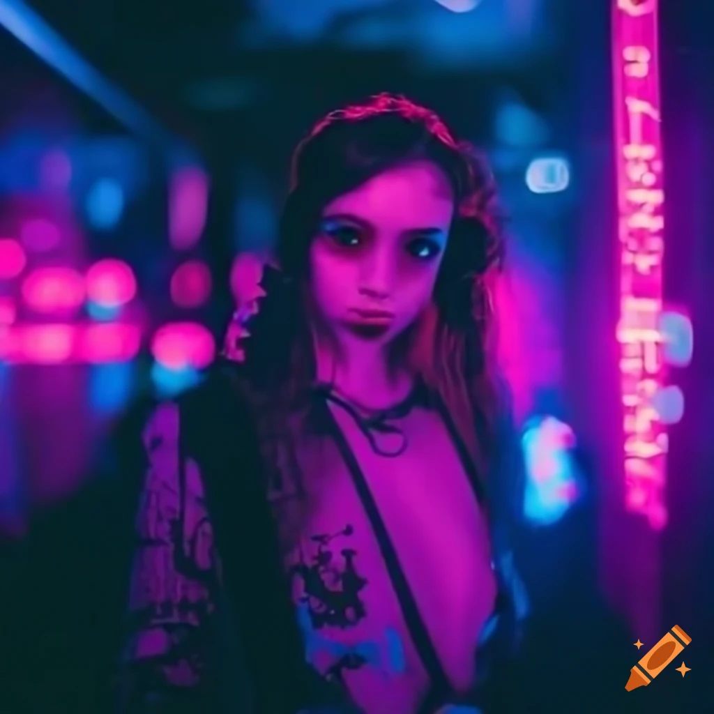 Grimes in a futuristic neon city at night