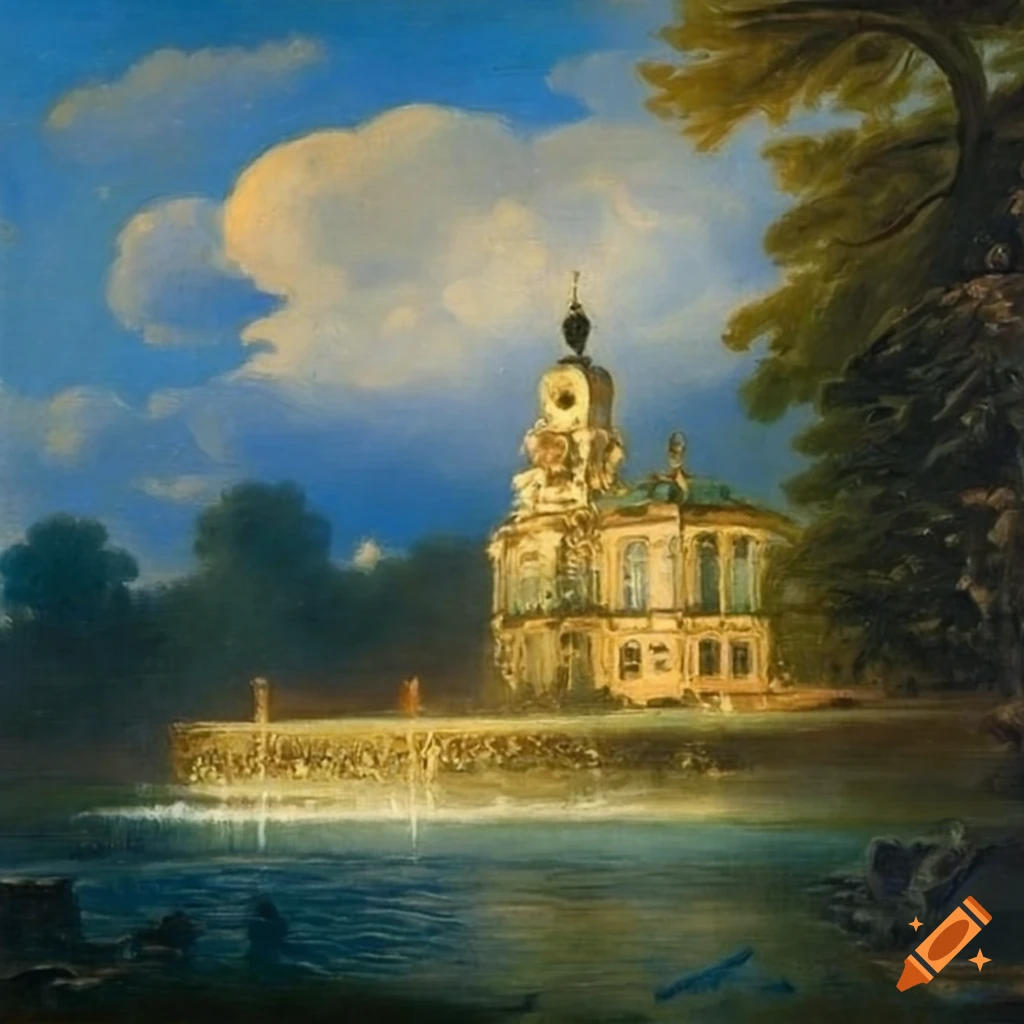 Painting of a neoclassical landscape with a house and fountain on Craiyon