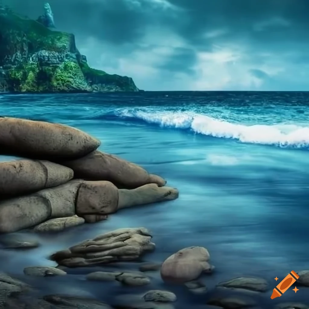 Fantasy Rocky Beach With Wavy Sea On Craiyon