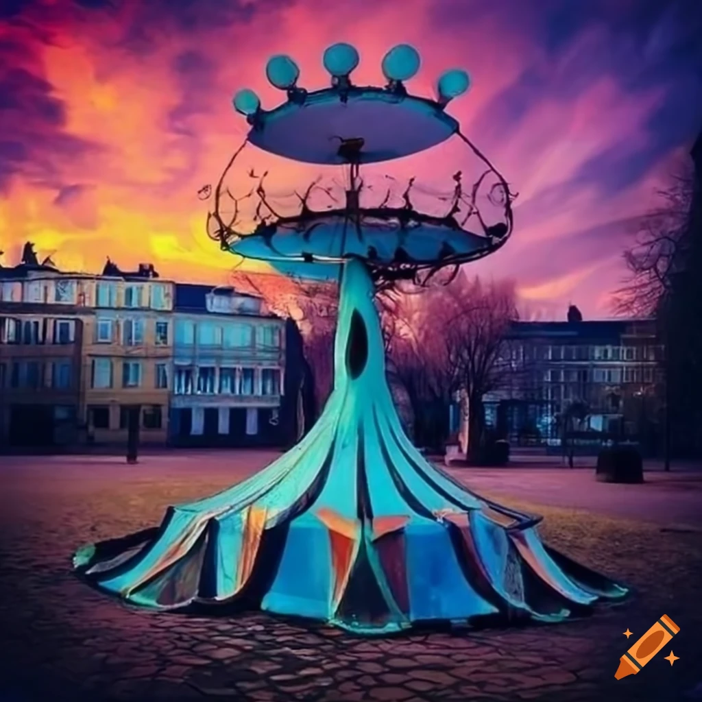 surrealist park with modern sculptures and evening clouds