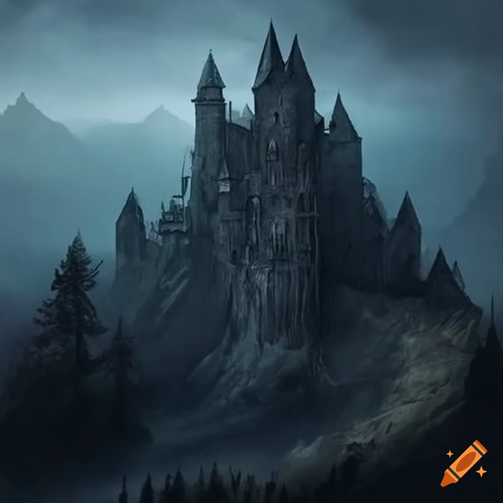 Castillo construido en lo alto de la montaña estilo dark fantasy