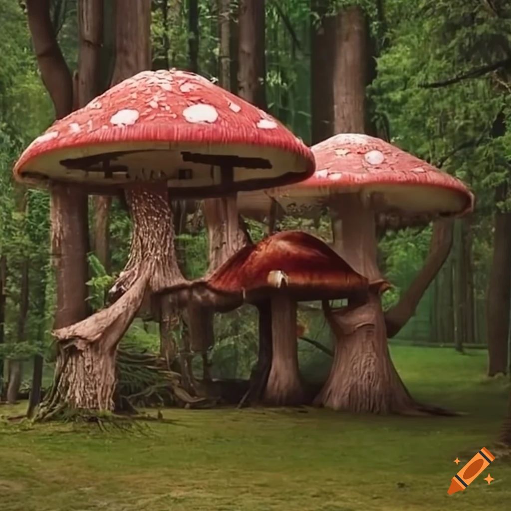 City of giant mushroom buildings with dramatic lighting on Craiyon