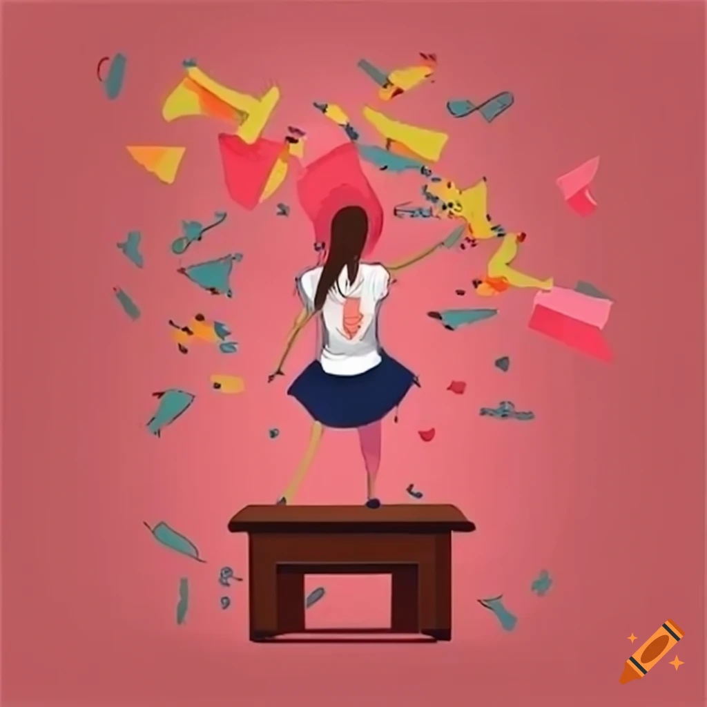 Artwork of a confident school girl on a desk surrounded by a+ papers