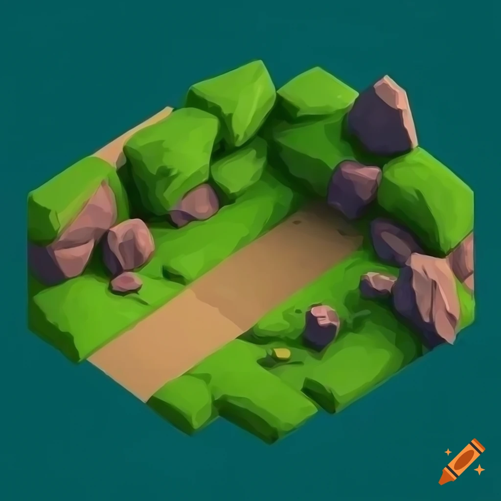 artistic isometric video game landscape with path and rocks