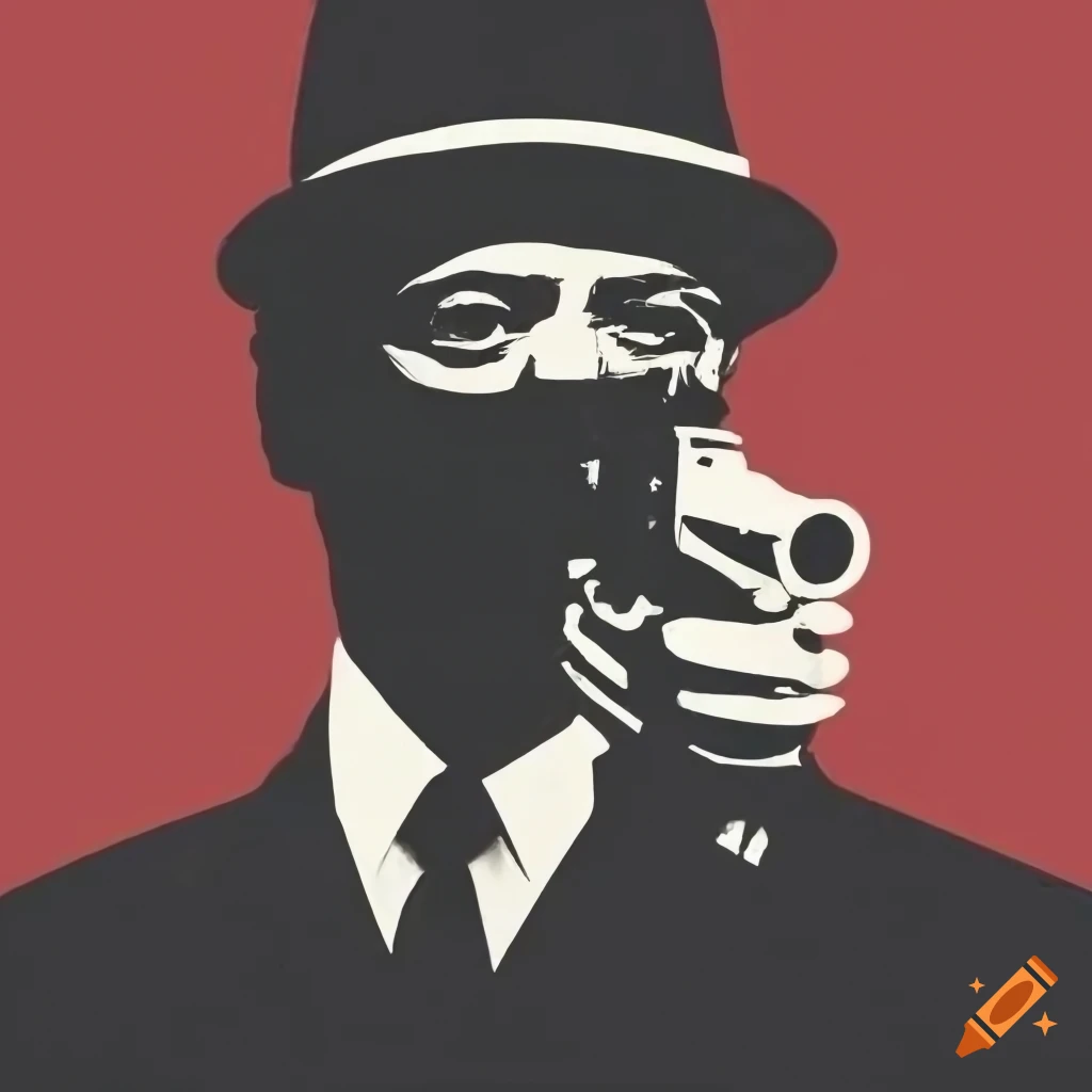 red poster with silhouette of a mafia man holding a gun
