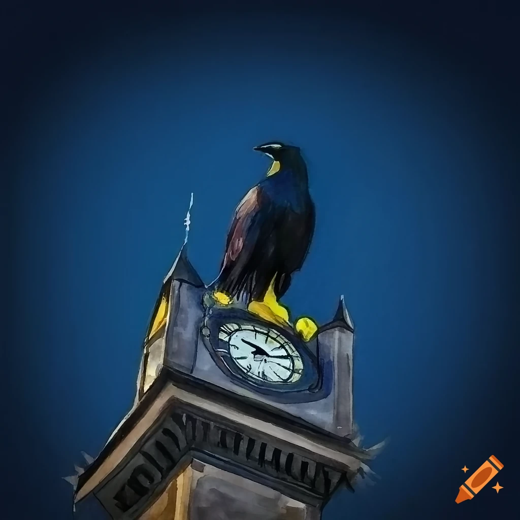 painting of a raven on a moonlit clocktower