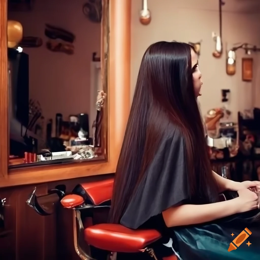 profile of a girl with long auburn hair in a barber shop