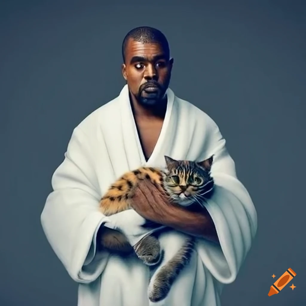 Kanye West with a cat in white robe
