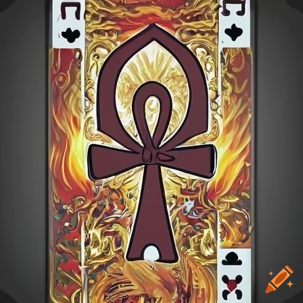 Catholic playing card with flame and ankh symbols