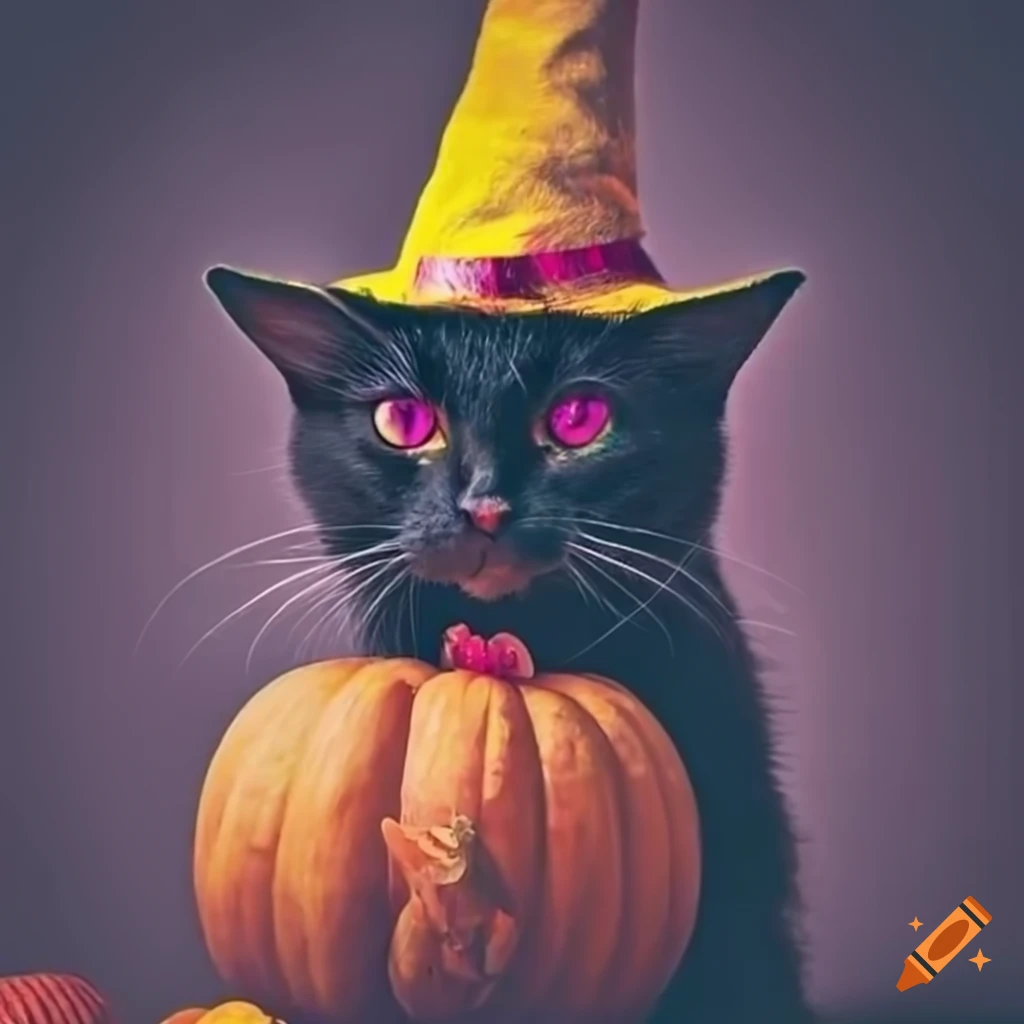 Black cat wearing a witch hat and pumpkin tshirt on Craiyon