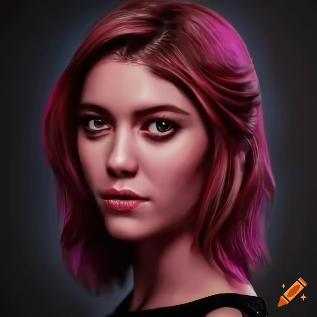 photorealistic portrait of Mary Elizabeth Winstead with pink hair