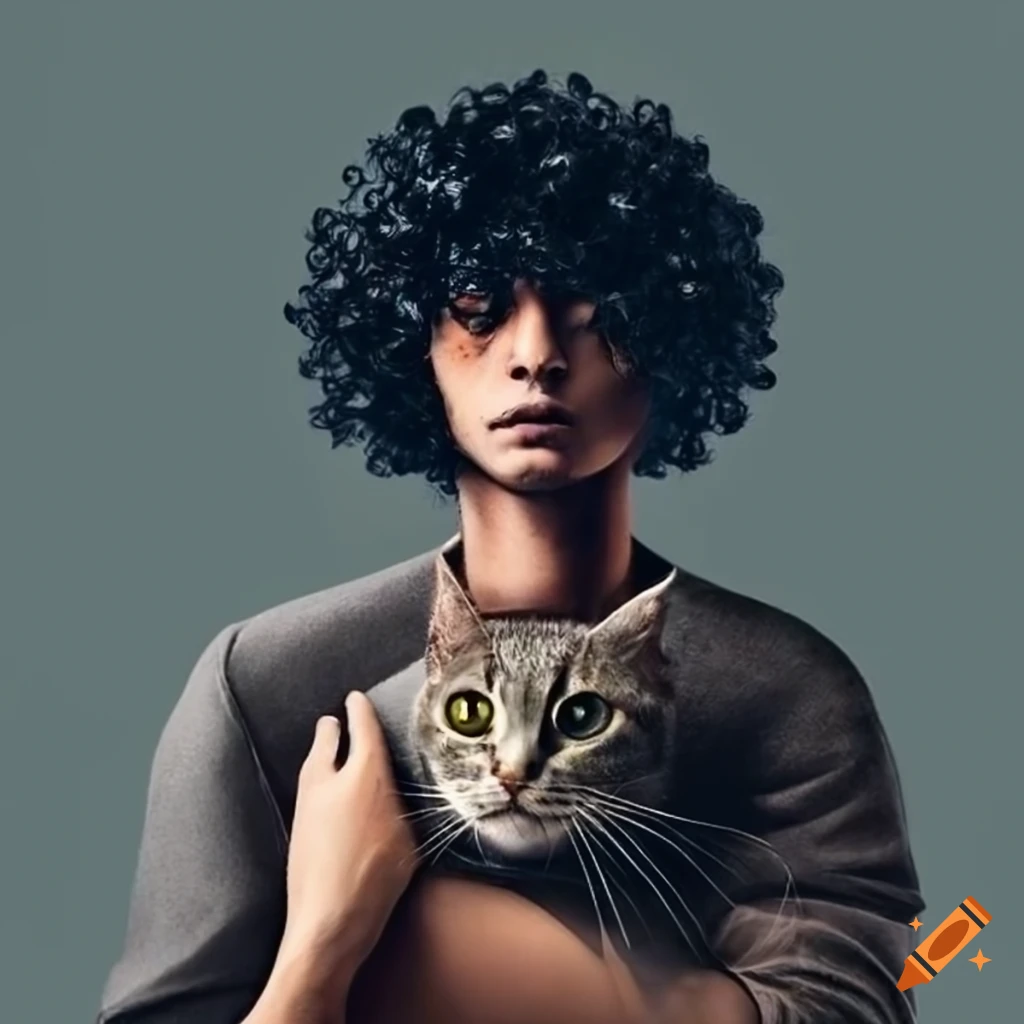 man-with-curly-hair-holding-cats-on-craiyon