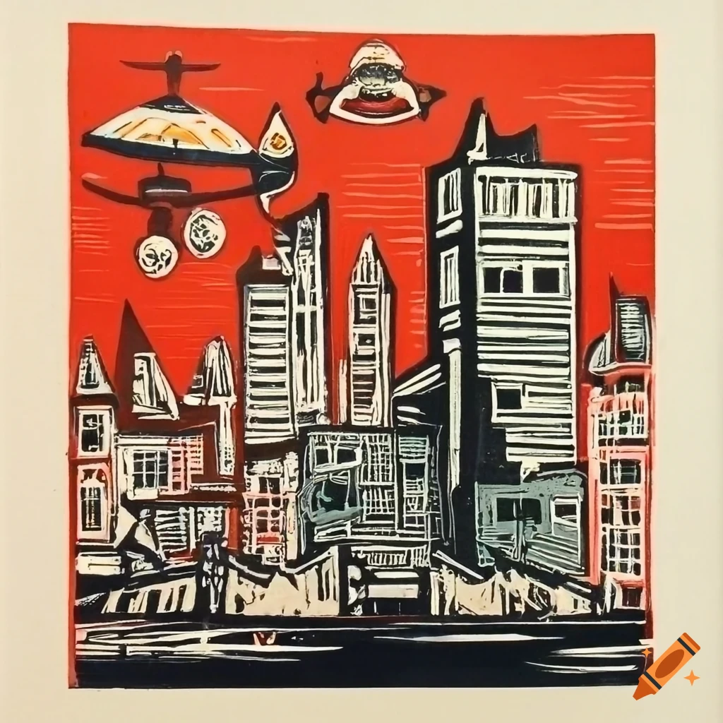 Modern us cityscape in a medieval woodcut style on craiyon