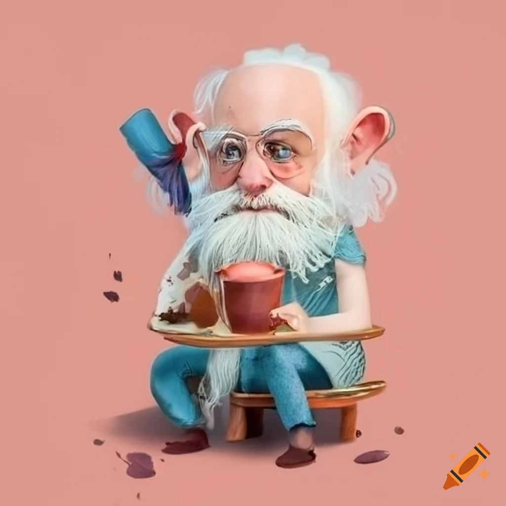 Anime style illustration of an old bearded pixie drinking tea on craiyon