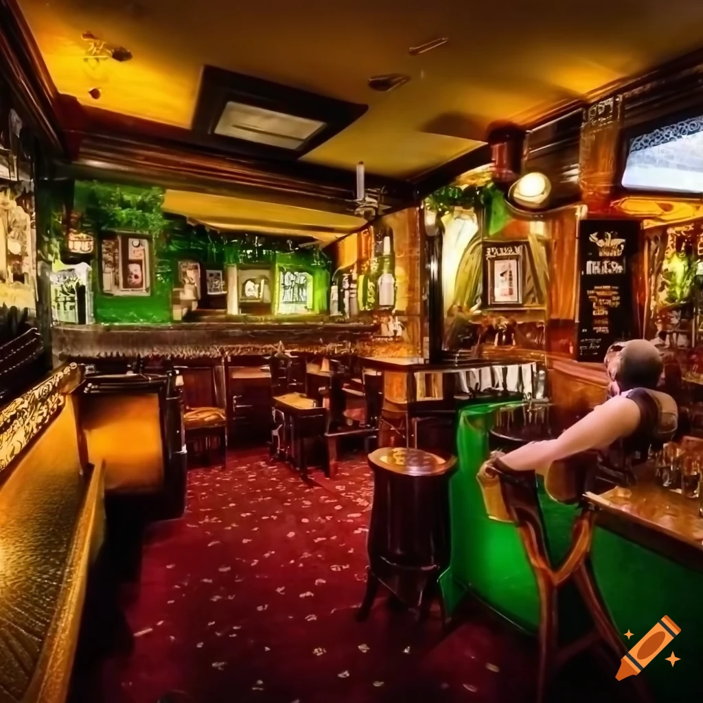 image of an Irish pub with a bartender