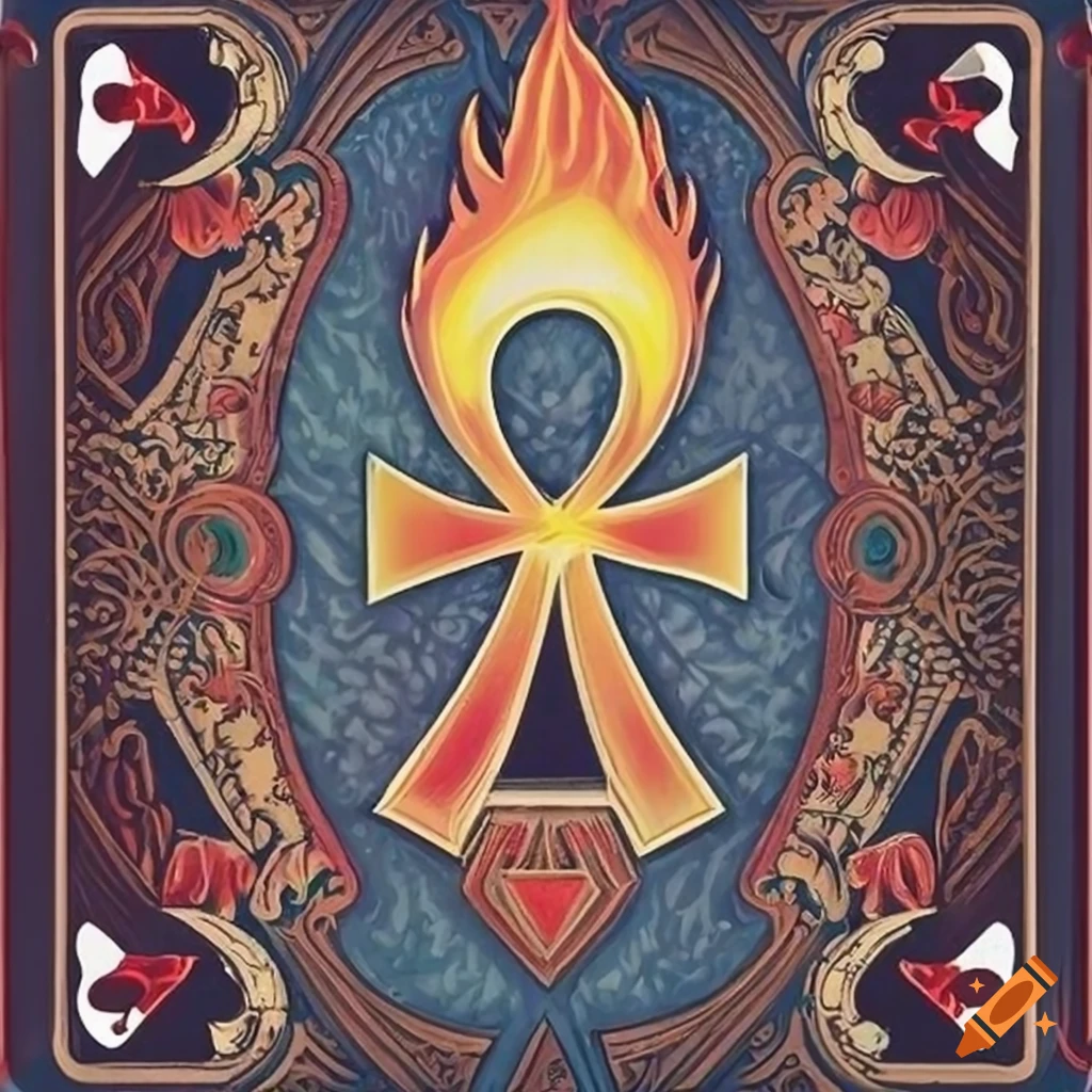 Catholic playing card with flame and ankh symbols