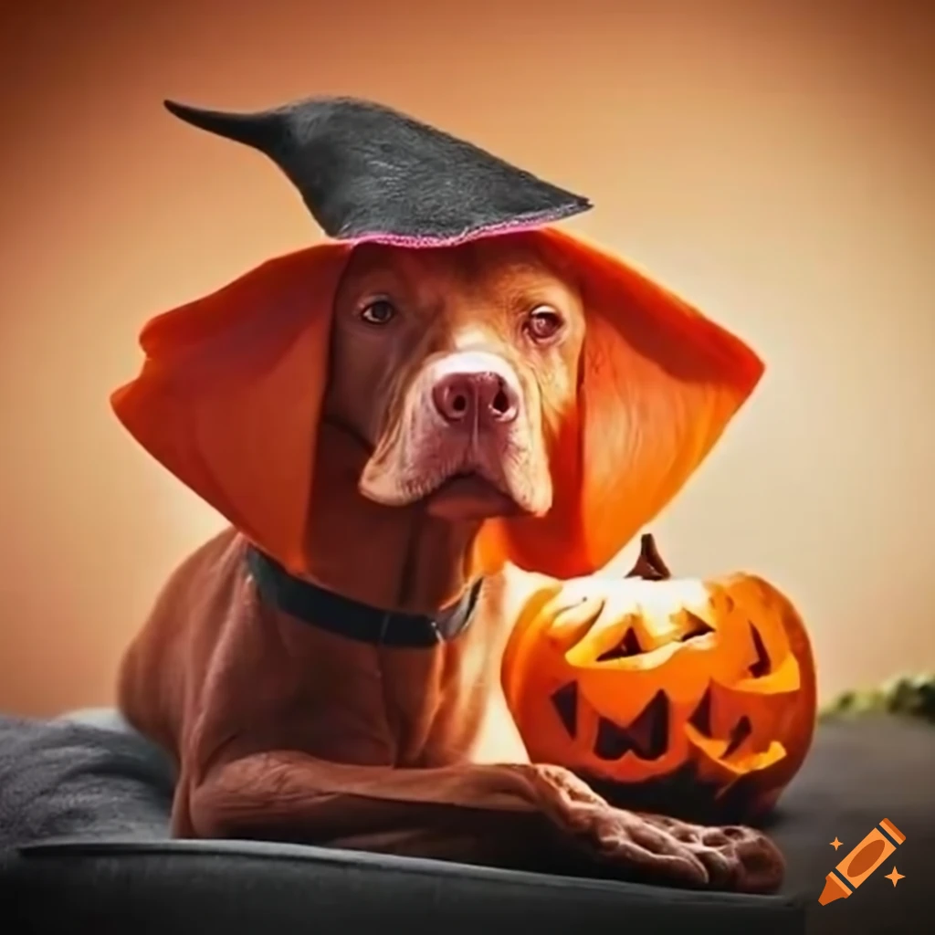 Cute vizsla dog in a halloween costume next to a pumpkin on Craiyon