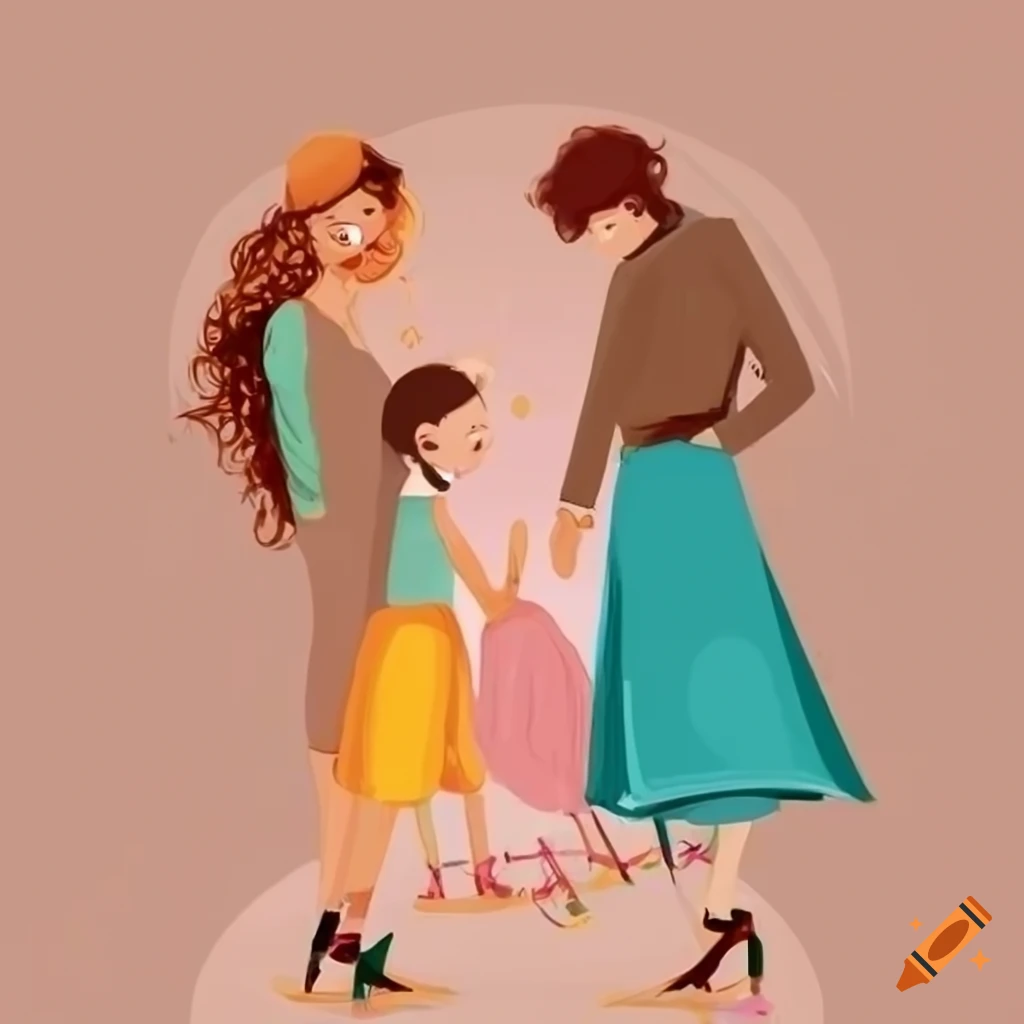 Illustration of a boho style fashion family with kids on craiyon