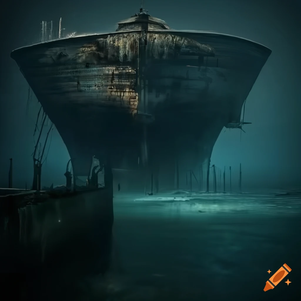 image of massive, rotting ships on a desolate dock
