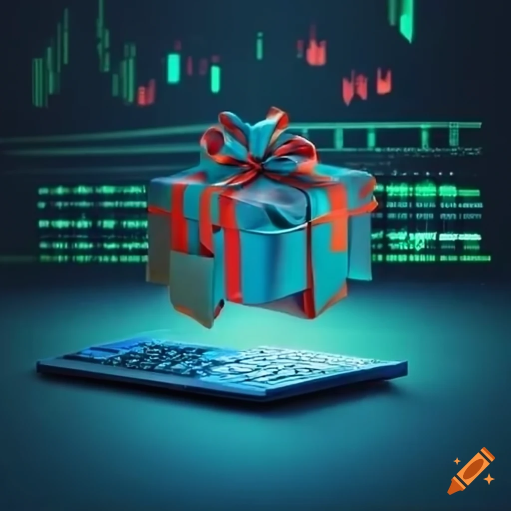 illustration of a present jumping into a computer screen with stock market data