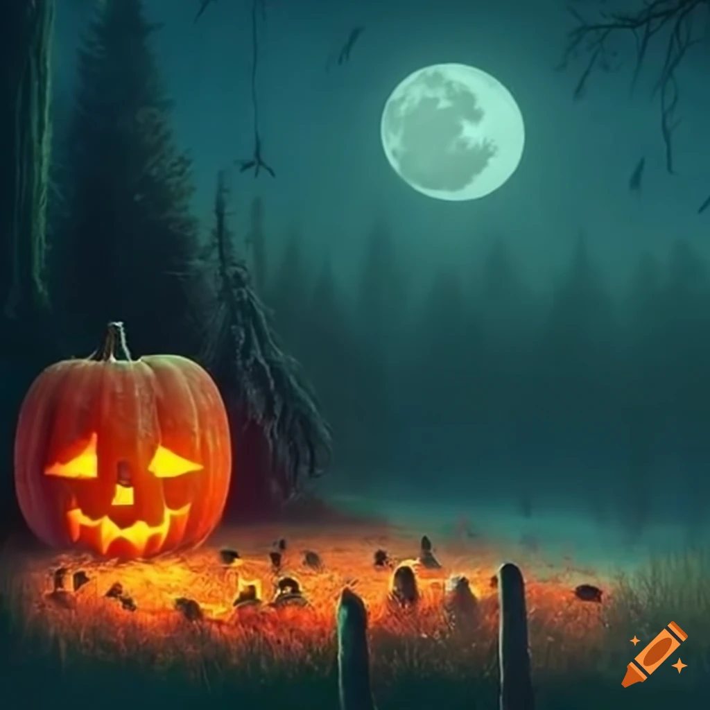 field of lit jack-o'-lanterns in the misty night