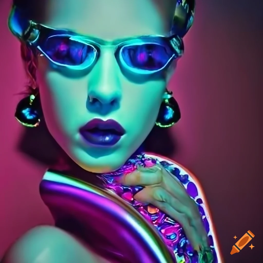 surreal fashion model in neon-colored clothes