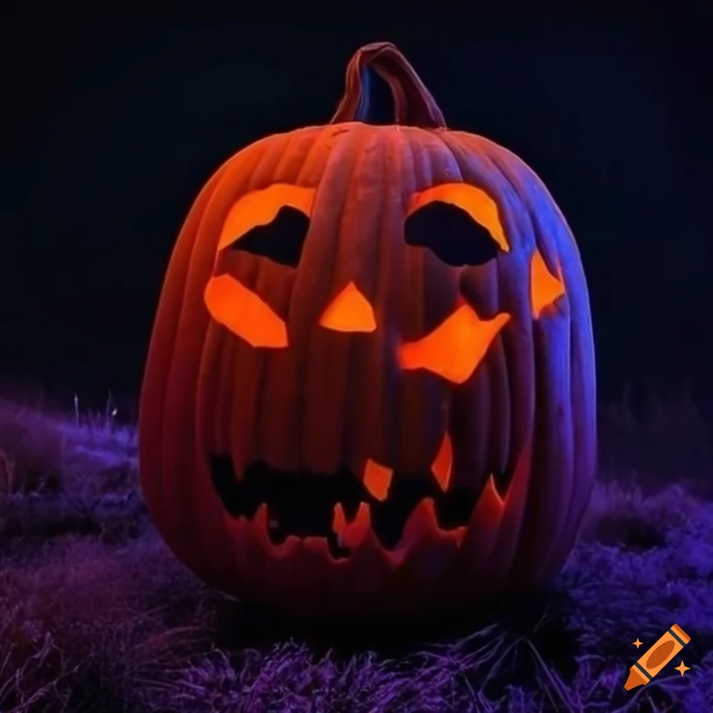 field of lit jack-o'-lanterns in the misty night