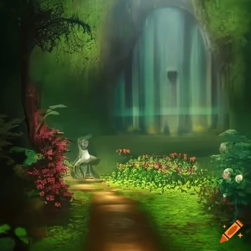 sandy path through a blooming fantasy garden