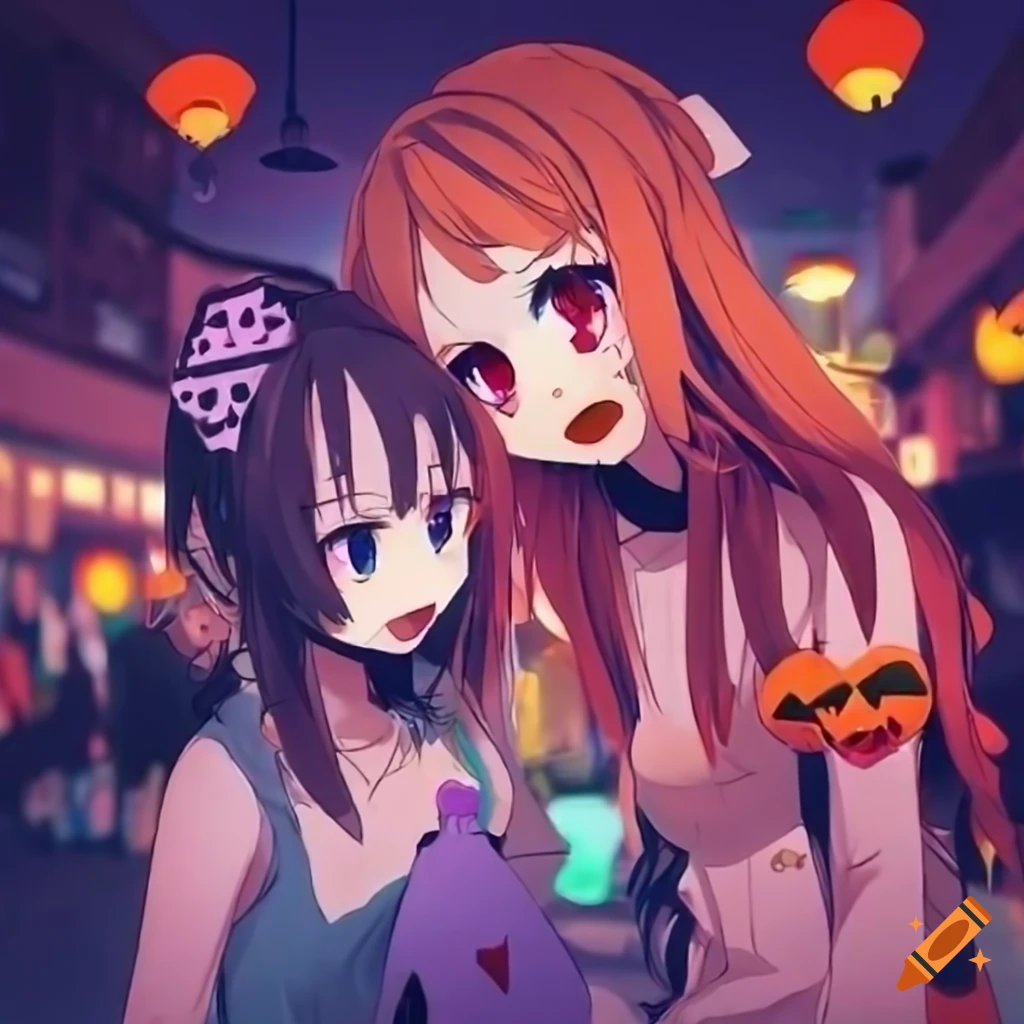 Anime girls making halloween decorations in a colorful shopping street