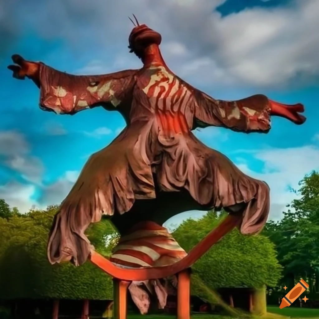 surrealist park with modern sculptures and evening clouds