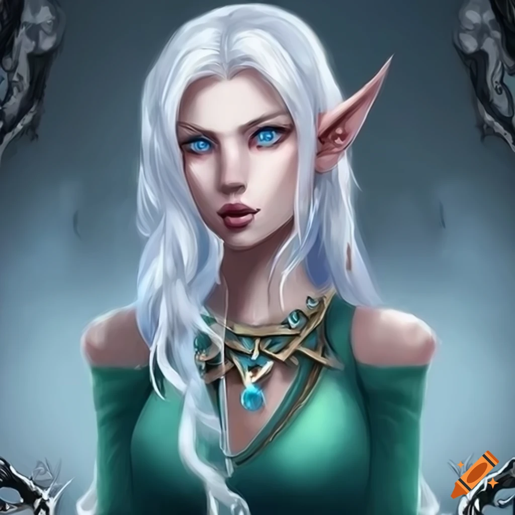 Female high elf with white hair and blue eyes on Craiyon