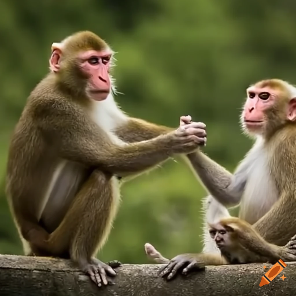 Two monkeys shaking hands