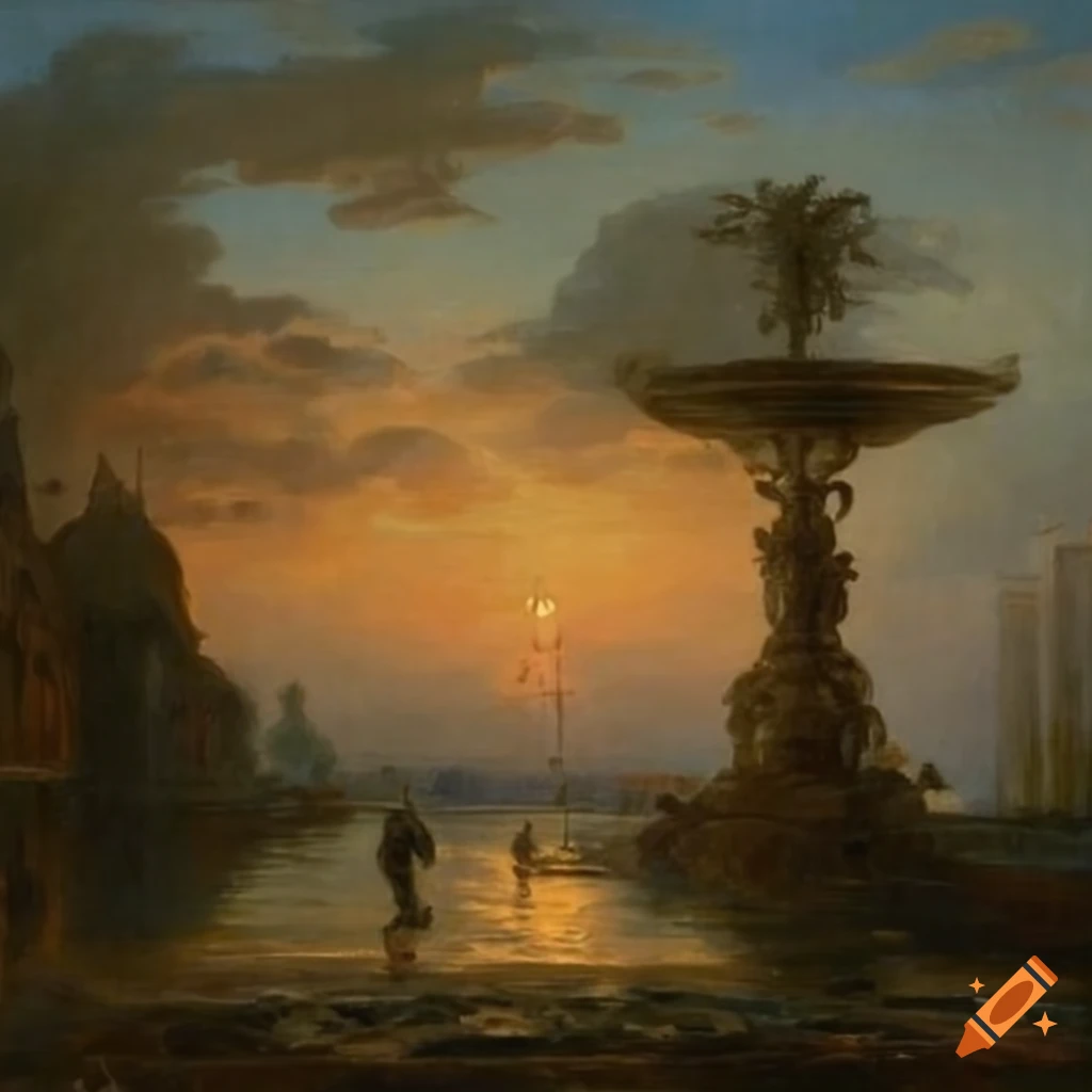 Neoclassical landscape painting with lanterns and a fountain on Craiyon