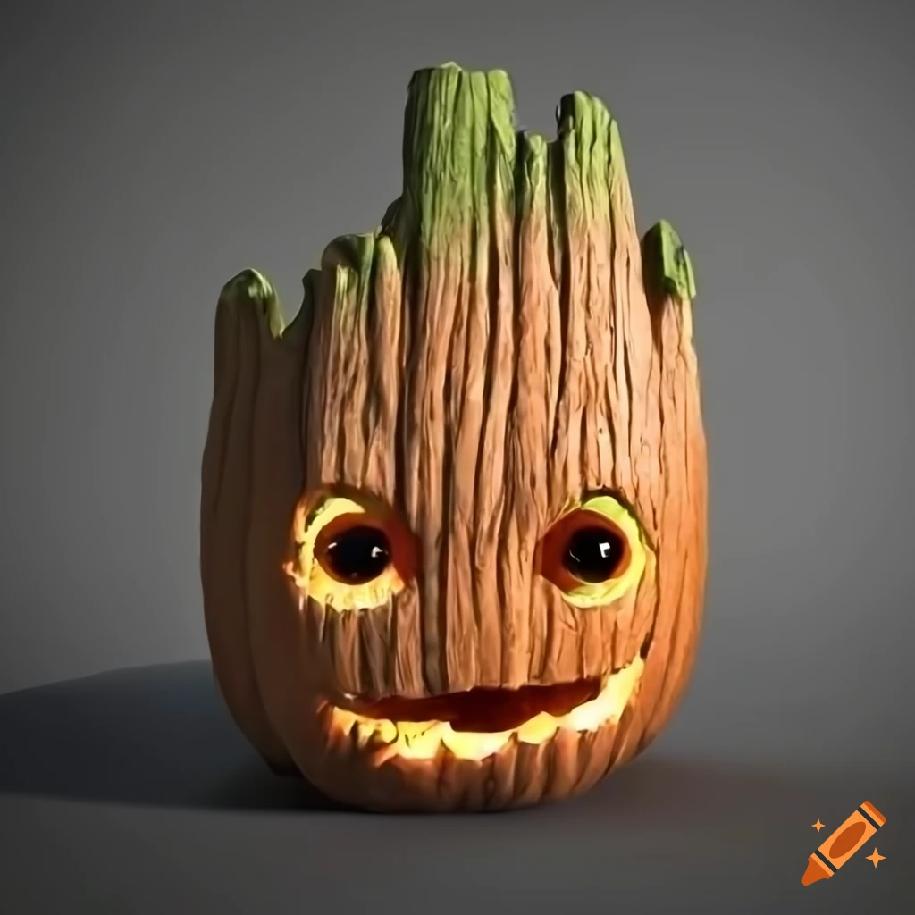 Realistic Carved Pumpkin In Baby Groot Style On Craiyon