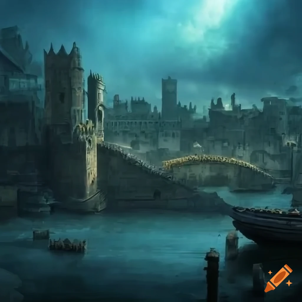 image of an old fantasy city with a port