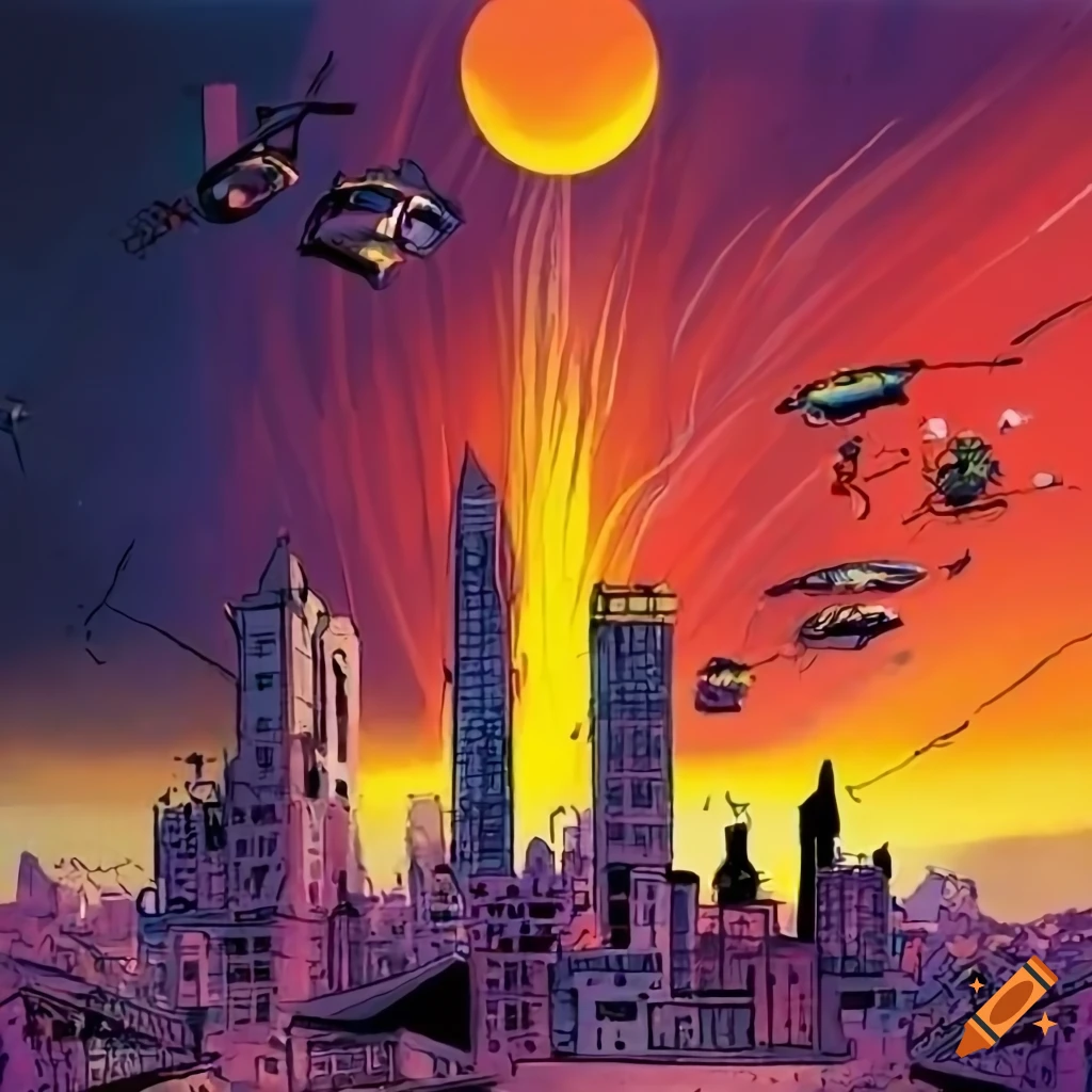 Comic Style Cityscape With Flying Machines On Craiyon