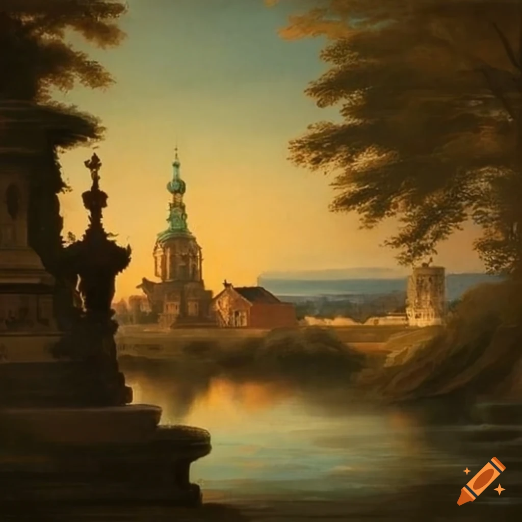 Landscape painting with a house, fountain, and lanterns on Craiyon