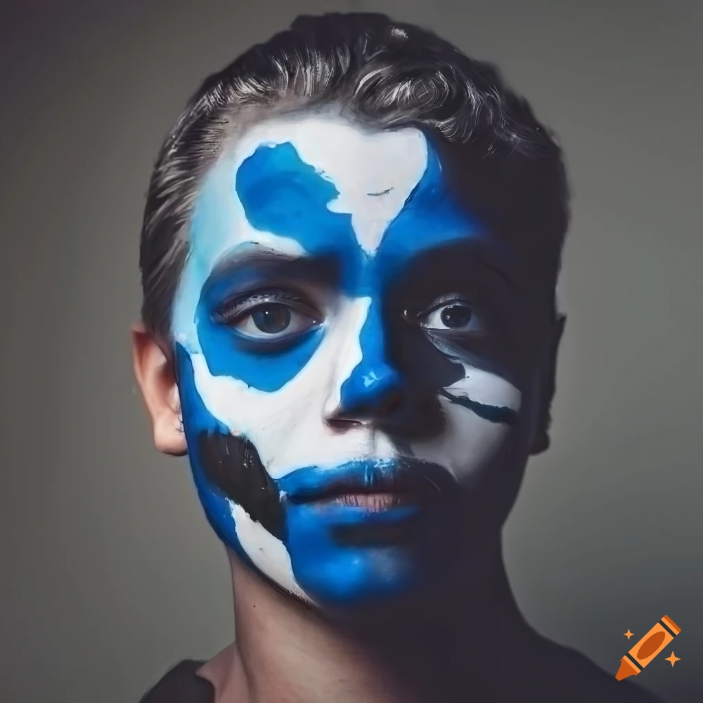 Portrait of a man with blue, white, and black face paint on Craiyon