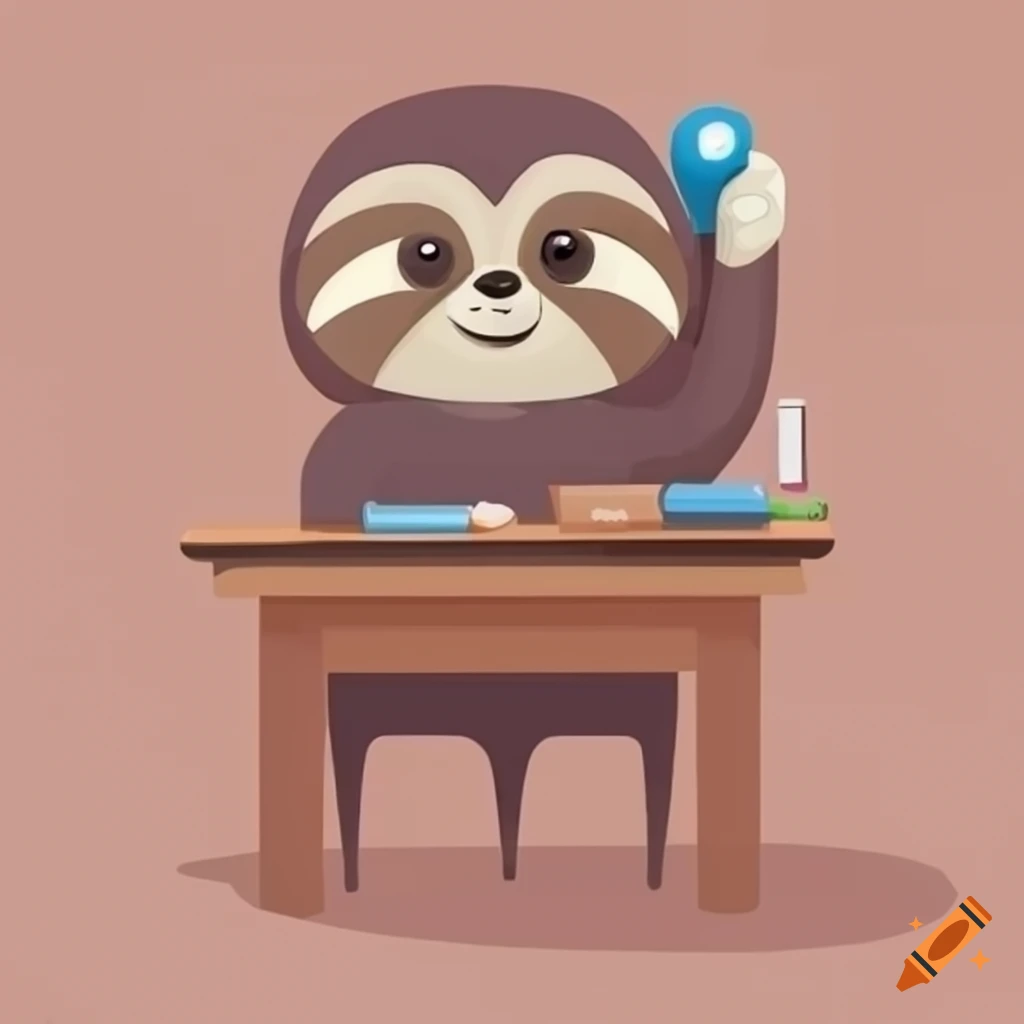 cartoon sloth working at a desk