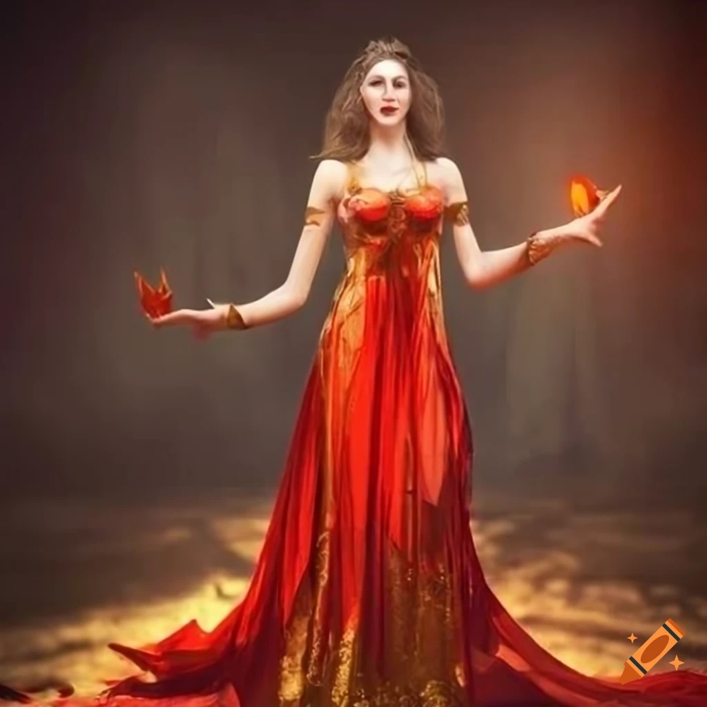Young woman in red gold dress standing on a rock in fantasy world on Craiyon