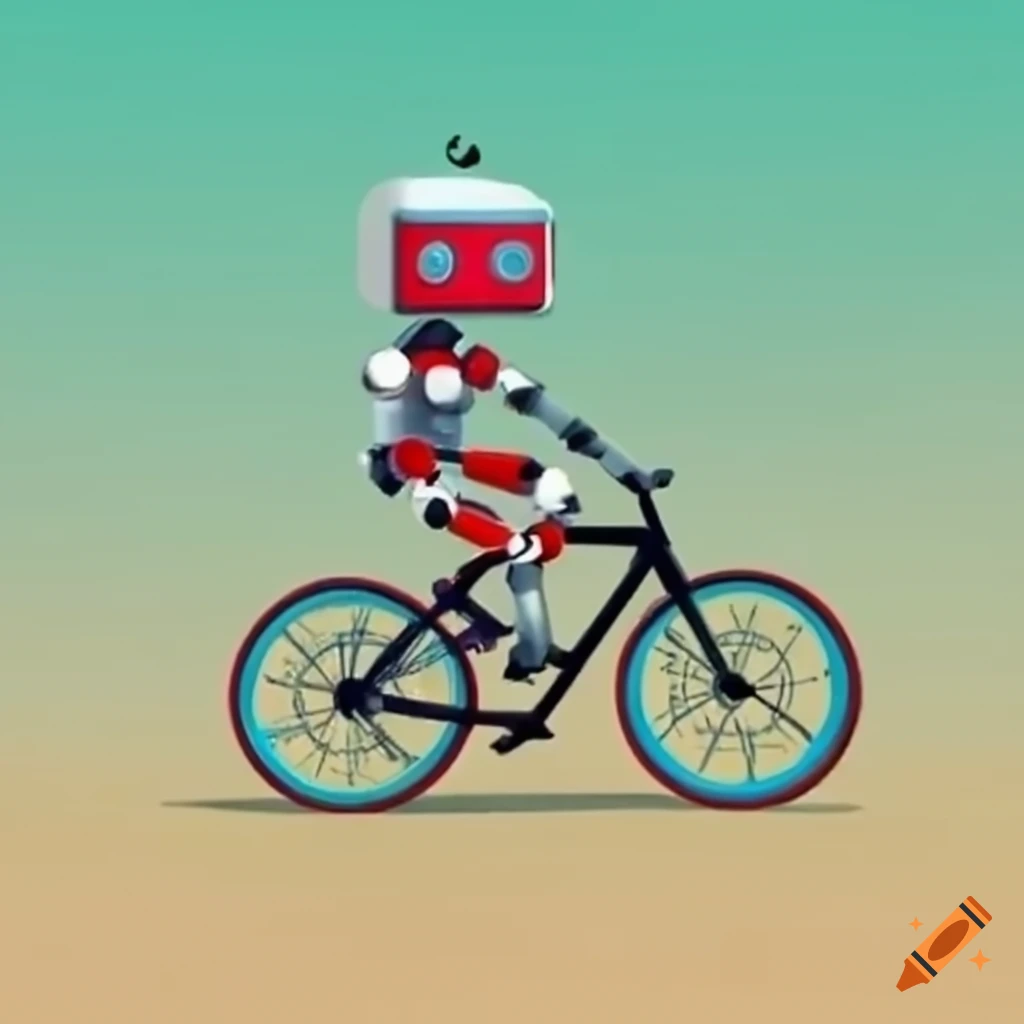 Robot riding a bicycle up a mountain