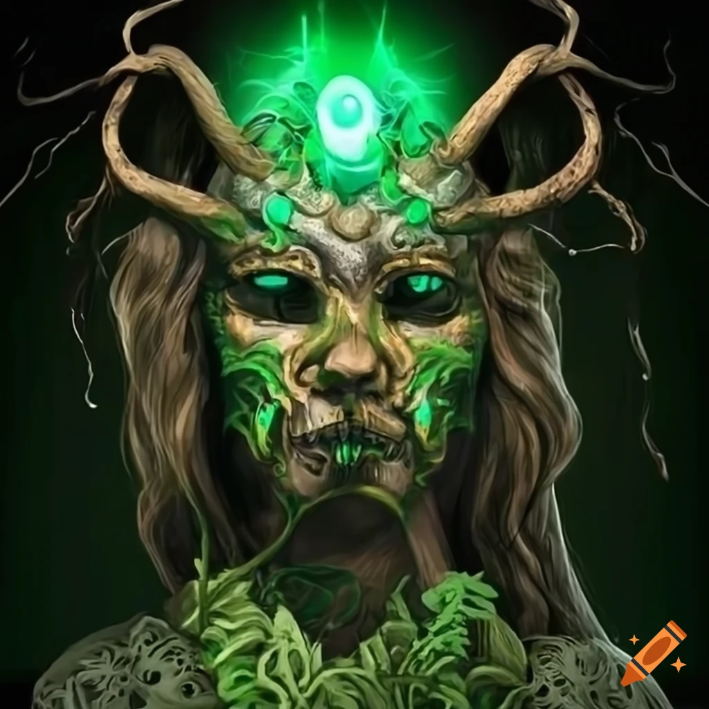 Image of a druid wearing a wooden mask with green glow and vines