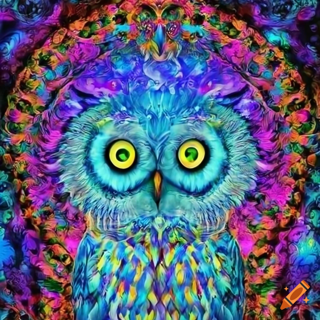 Mystical happy yellow owl surrounded by colorful keys in a psychedelic ...