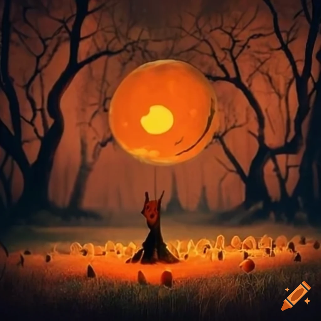 spooky field of jack-o'-lanterns under a moonlit sky