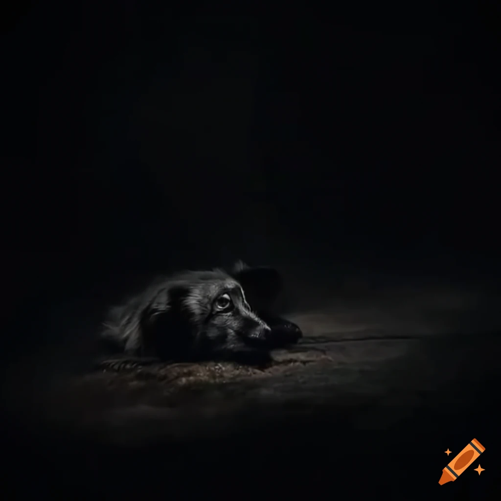 black shepherd dog sleeping on a dirt road at night